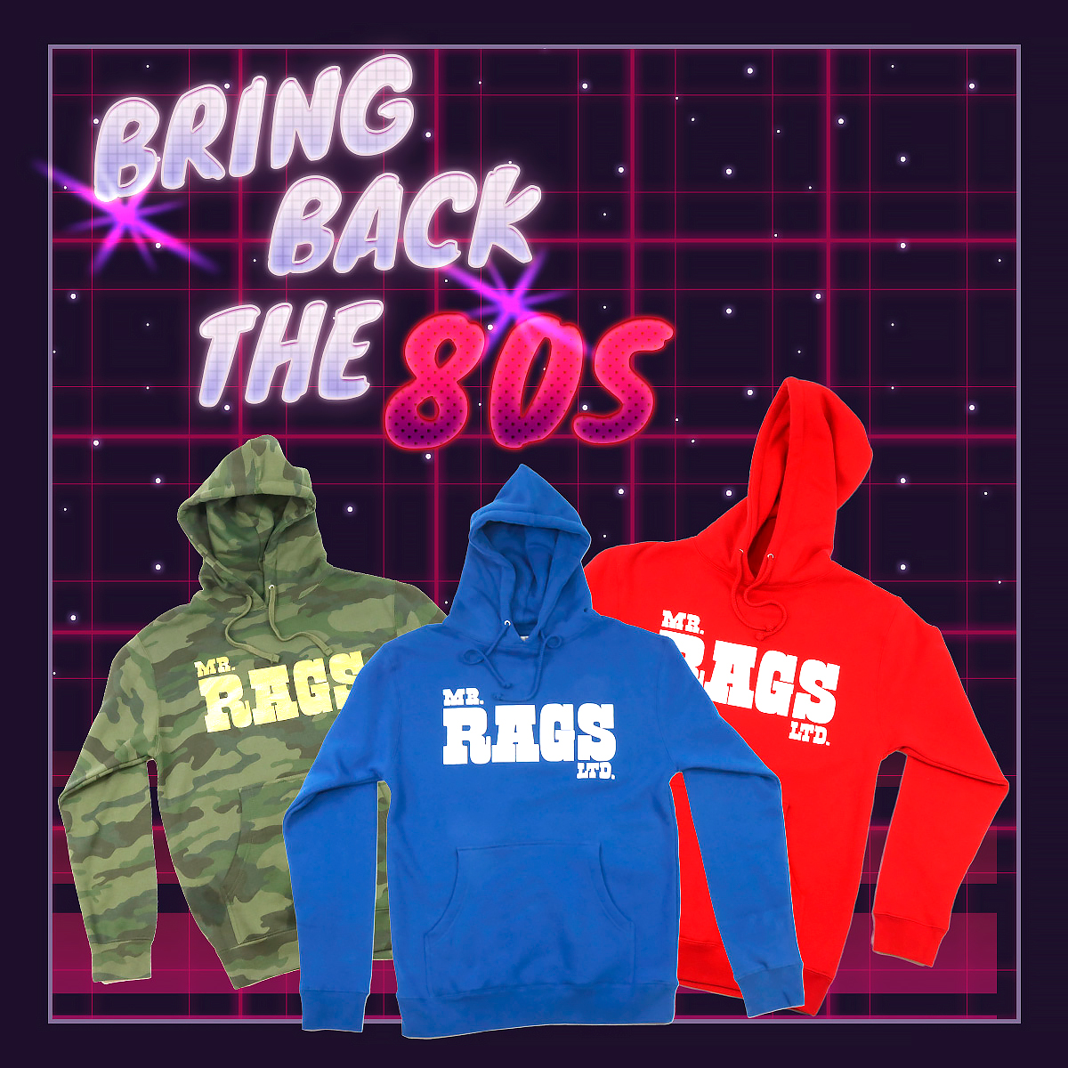Bring Back the 80s with blue, red, and camouflage Mr. Rags hoodies