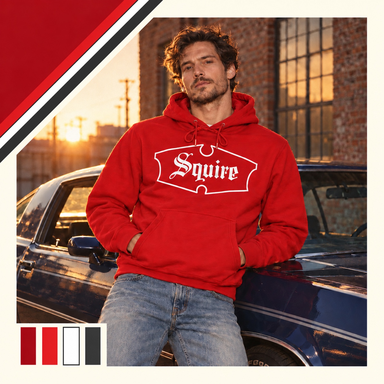 Model wearing a red Squire Gothic hoodie with white artwork