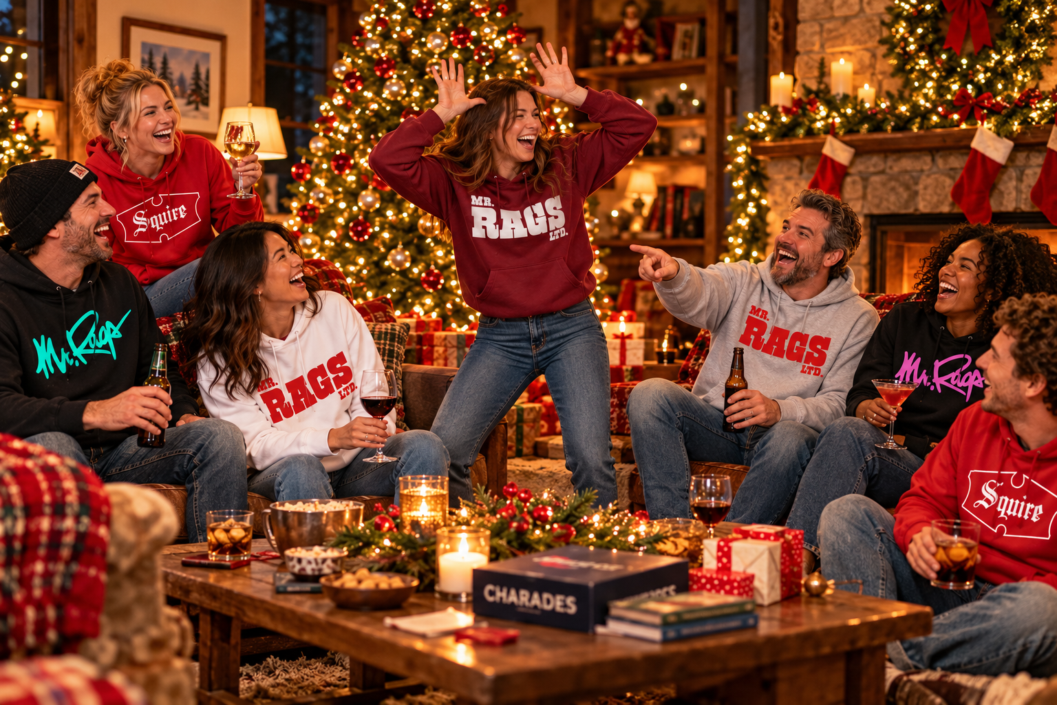 Celebrate around the tree wearing Mr Rag Hoodies