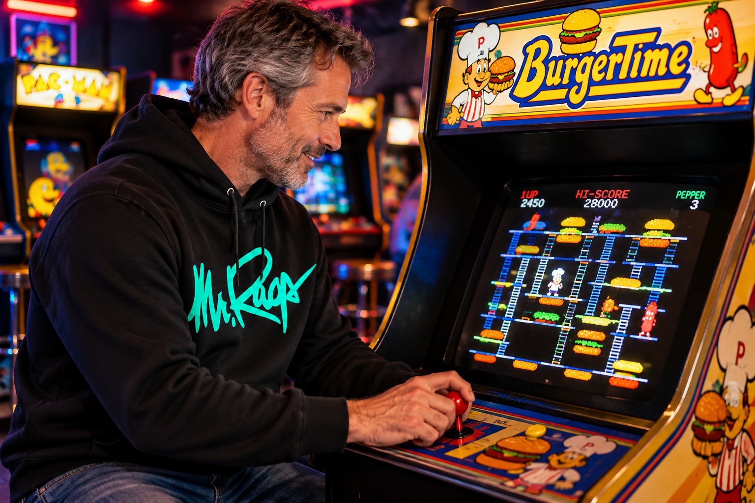 Neon Teal Hoodie worn while playing an oldschool arcade